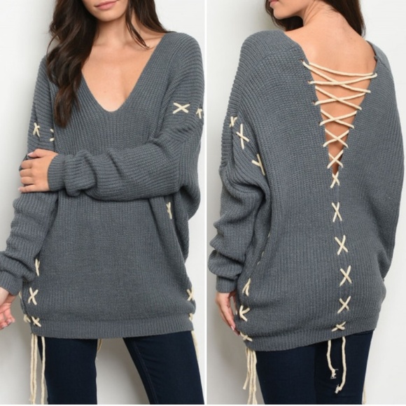 Trend Setter Diva Boutique Sweaters - Last 1! GIRLY & FLIRTY LACE UP BLUE TUNIC SWEATER